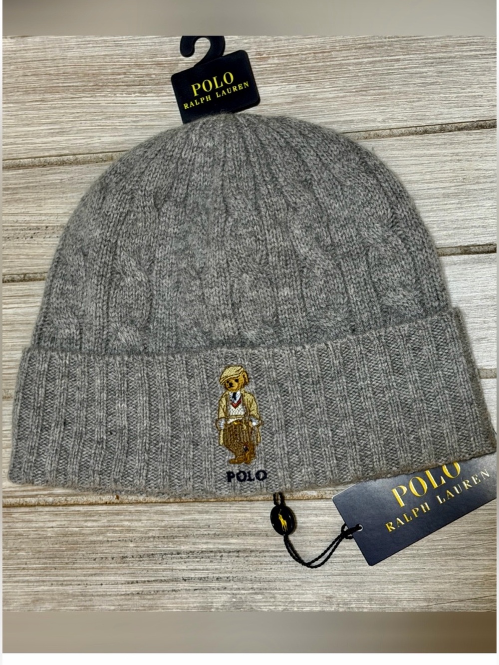 Polo Ralph Lauren Polo Bear Beanie Gray Cable Knit Hat NWT O/S Winter Preppy